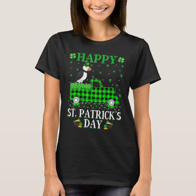 T-shirt Drôle Buffalo Plaid Green Truck Puffin Bird St Pat (Devant)