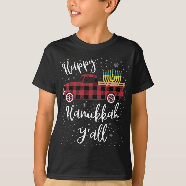 T-shirt Drôle Buffalo Plaid Happy Hanoukka Y'all Red Truck (Devant)