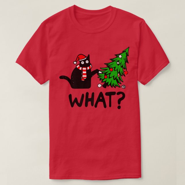 T-shirt Drôle cadeau de chat noir Poussant l'arbre de Noël (Design devant)