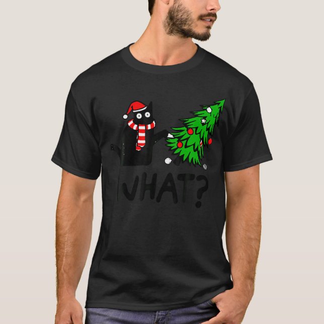 T-shirt Drôle cadeau de chat noir Poussant l'arbre de Noël (Devant)