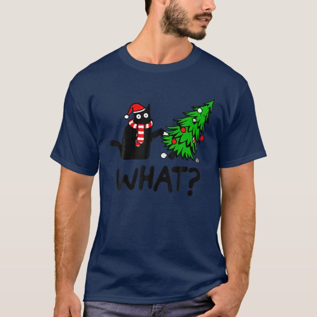 T-shirt Drôle cadeau de chat noir Poussant l'arbre de Noël (Devant)