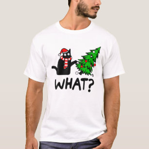 T-shirt Drôle cadeau de chat noir Poussant l'arbre de Noël