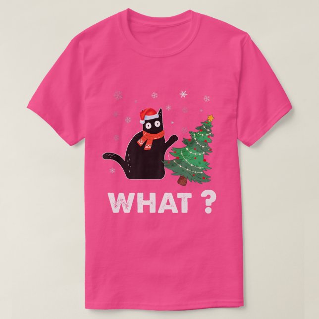 T-shirt Drôle cadeau de chat noir poussant l'arbre de Noël (Design devant)