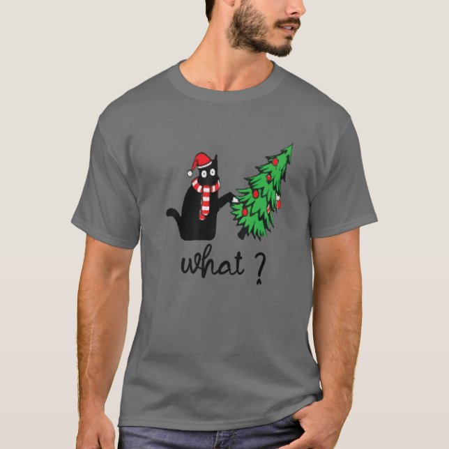 T-shirt Drôle cadeau de chat noir Poussant l'arbre de Noël (Devant)