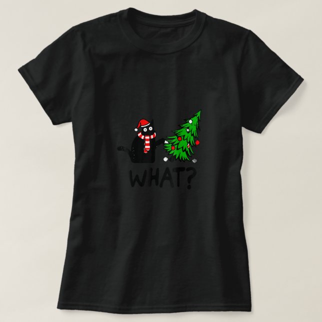 T-shirt Drôle cadeau de chat noir Poussant l'arbre de Noël (Design devant)