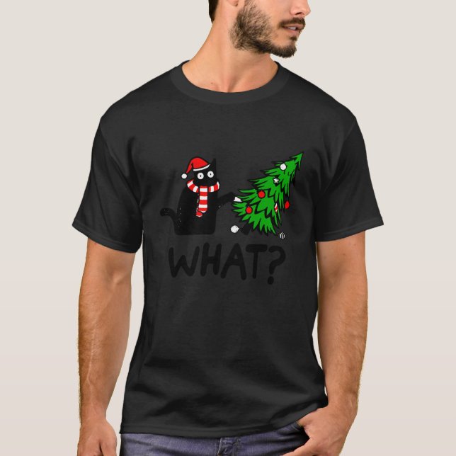 T-shirt Drôle cadeau de chat noir Poussant l'arbre de Noël (Devant)