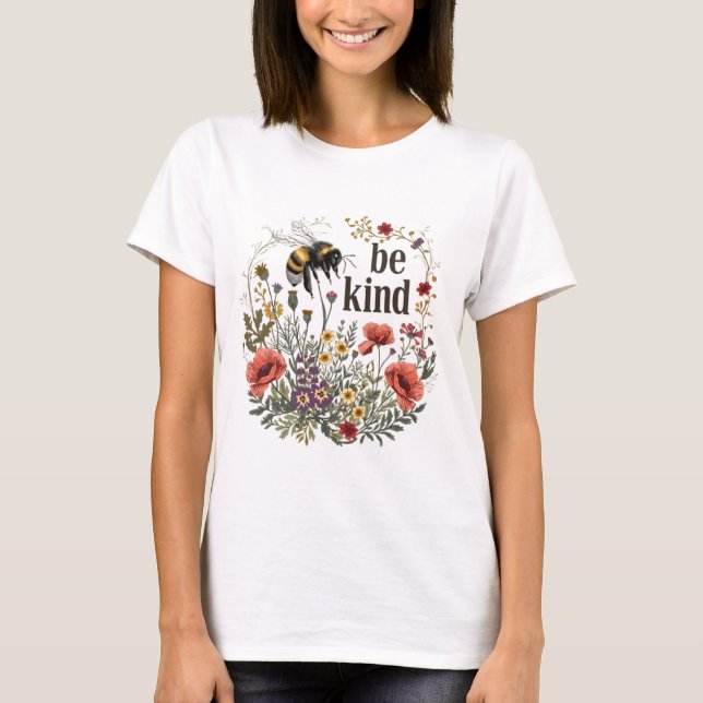 T-shirt Drôle Cadeau Femme Be Kind Retro Bee & Fleurs sauv (Devant)