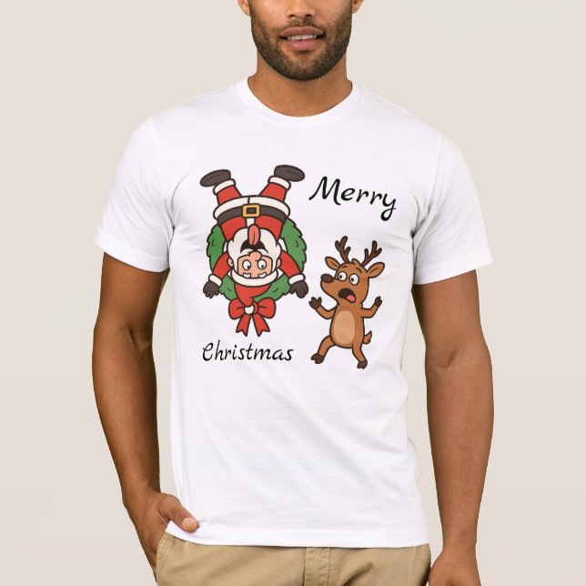 T-shirt Drôle Caricature de Noël avec Père Noël et ses ami (Devant)