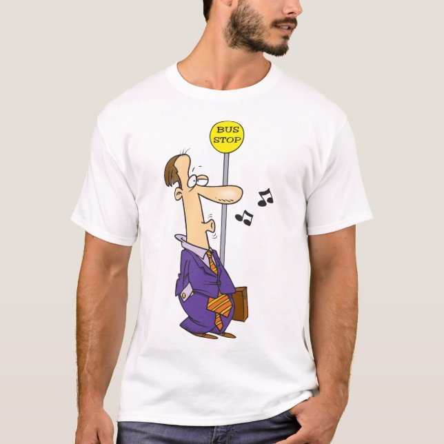 T-shirt Drôle Caricature Homme d'affaires à l'arrêt de bus (Devant)