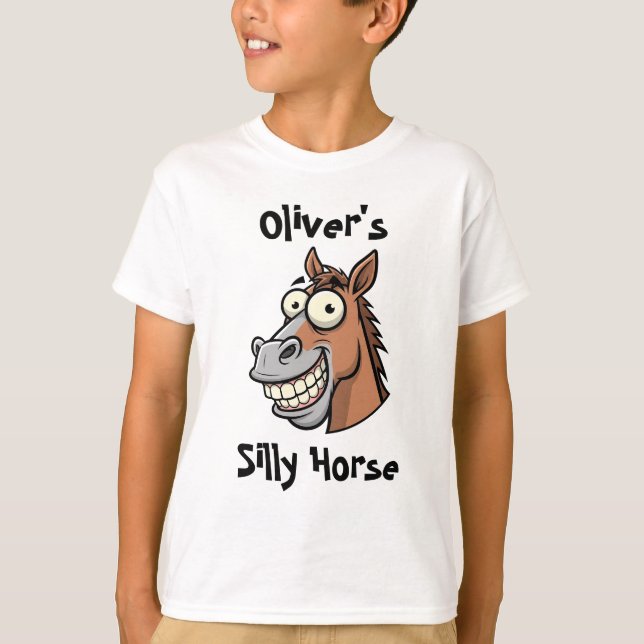 T-shirt Drôle Cartoon Cheval tête avec grand sourire (Devant)