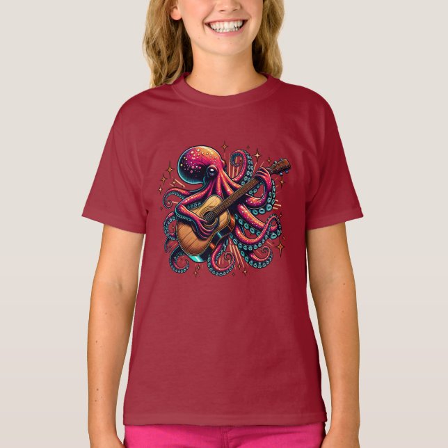 T-shirt Drôle Cartoon Octopus Jouer de la guitare (Devant)