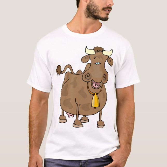 T-shirt Drôle Cartoon Vache Brown avec Bell Animal de ferm (Devant)