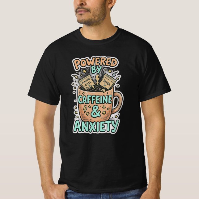 T-shirt drôle chat "Alimenté par l'anxiété et les  (Devant)