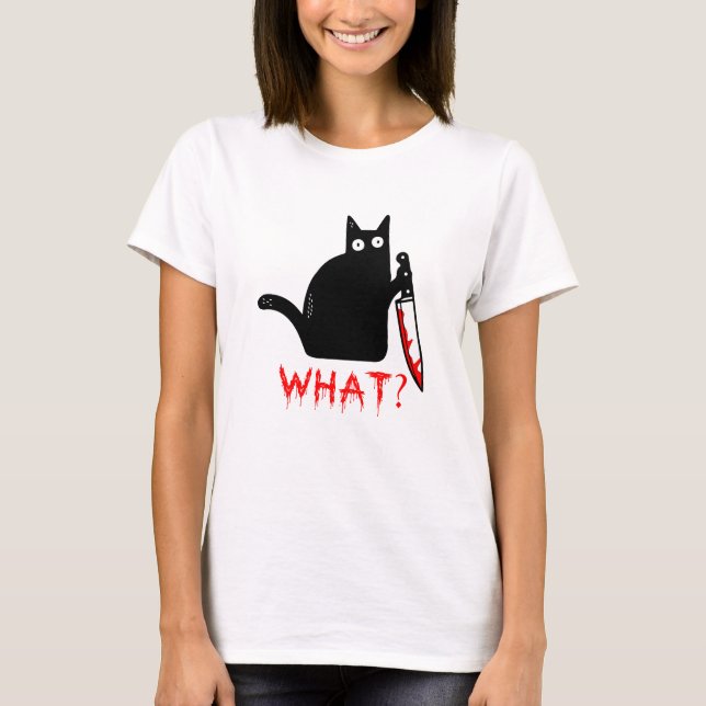 T-shirt Drôle chat assassin tenant couteau noir chat noir  (Devant)