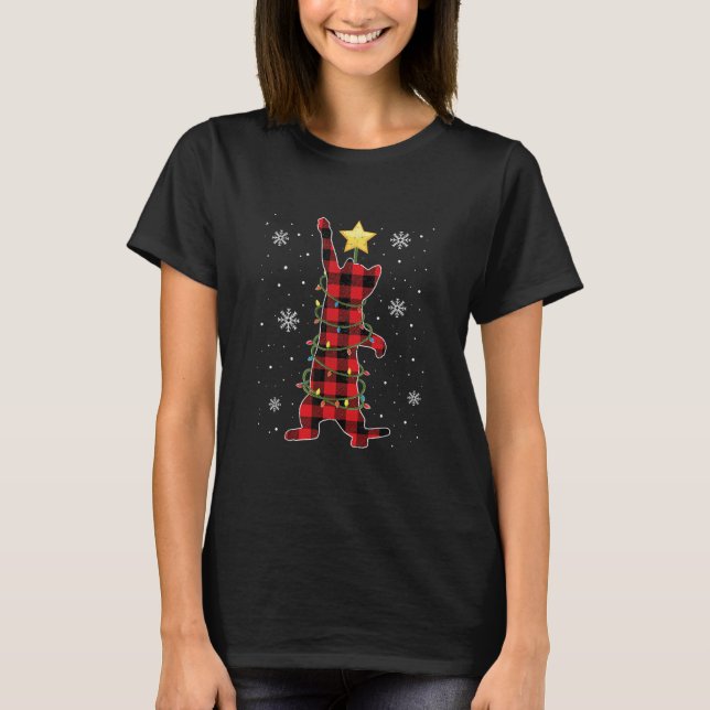 T-shirt Drôle Chat Buffalo Plaid Chat de Noël (Devant)