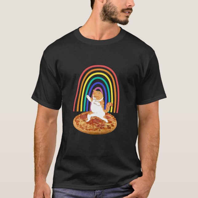 T-shirt Drôle chat dansant sur pizza arc-en-ciel (Devant)