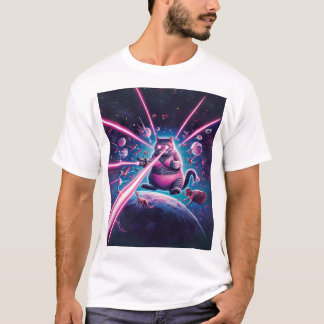 T-shirt Drôle chat géant et dinosaures dans l'espace