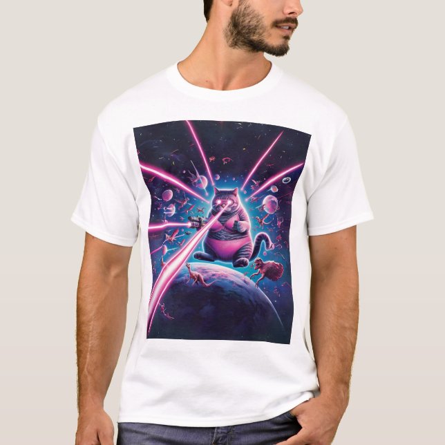 T-shirt Drôle chat géant et dinosaures dans l'espace (Devant)
