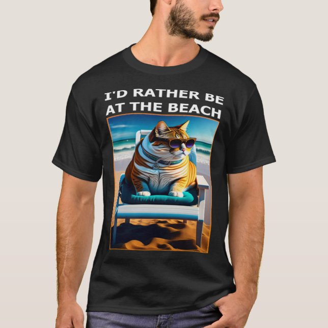 T-shirt Drôle Chat Je Préférerais Être À La Plage - Amoure (Devant)