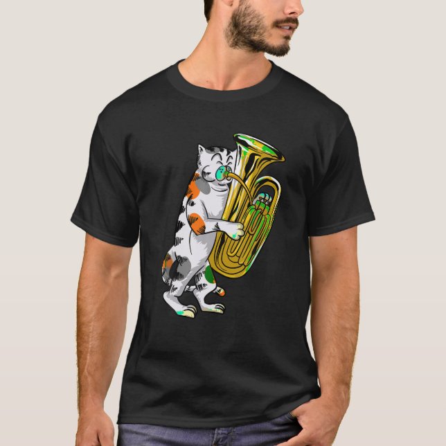 T-shirt Drôle Chat Jouer Tuba Cadeau Cute Kitten Musicien  (Devant)