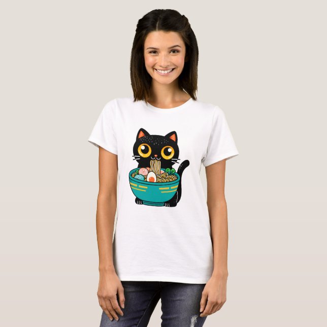 T-shirt Drôle Chat Manger Ramen Japonais Chat Ramen nouill (Devant entier)