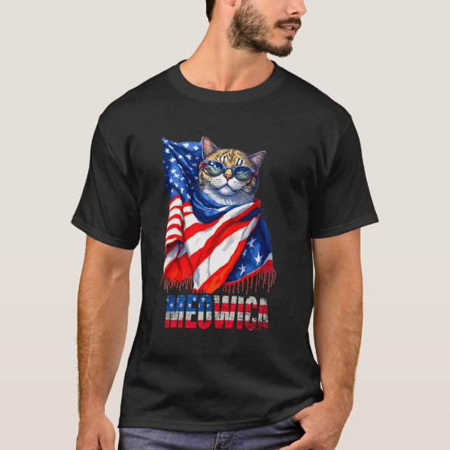 T-shirt Drôle Chat Meowica 4 juillet Hommes Femmes Usa Dra (Devant)