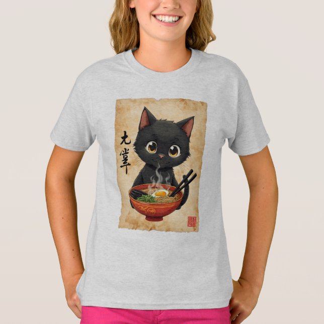 T-shirt Drôle Chat Noir Manger Ramen Cute Japonais Kawaii (Devant)
