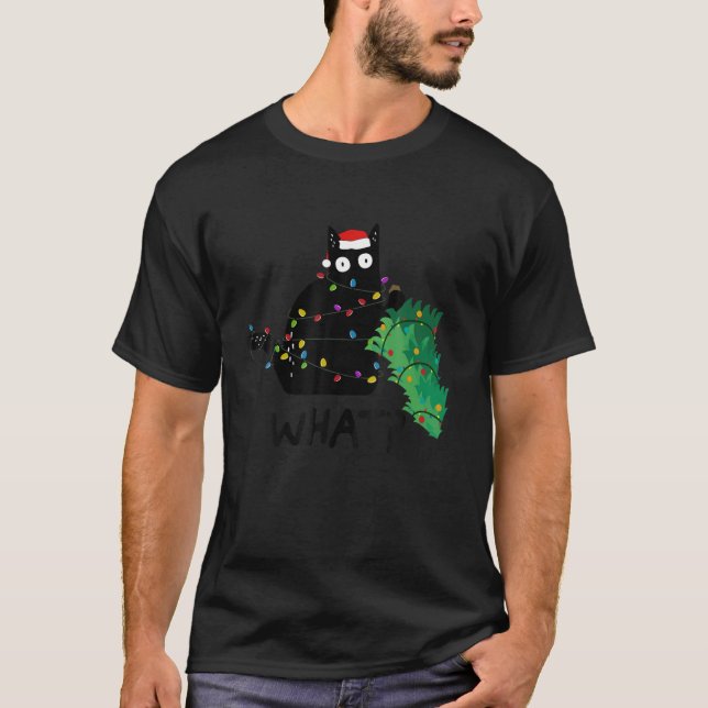 T-shirt Drôle Chat Noir Poussant Arbre De Noël Crazy Kitte (Devant)