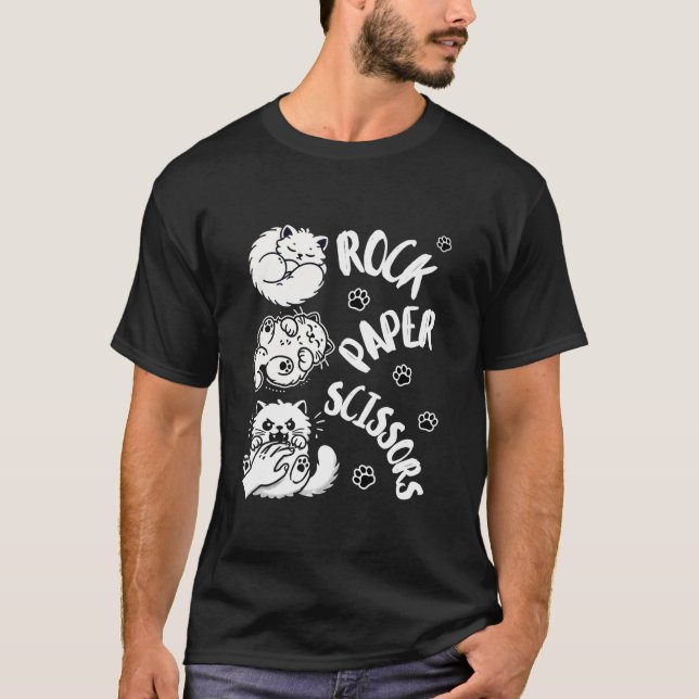 T-shirt Drôle Chat Rock Ciseaux de papier Jeu mignonne Cha (Devant)