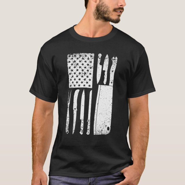 T-shirt Drôle Chef Couteau Américain Drapeau Design Pour H (Devant)