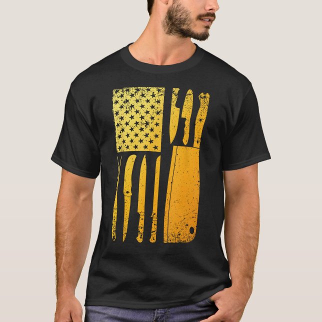 T-shirt Drôle Chef Couteau Américain Drapeau Design Pour H (Devant)