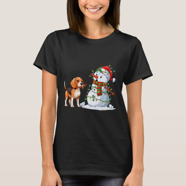 T-shirt Drôle chien Beagle Snowman feux de Noël Xma (Devant)