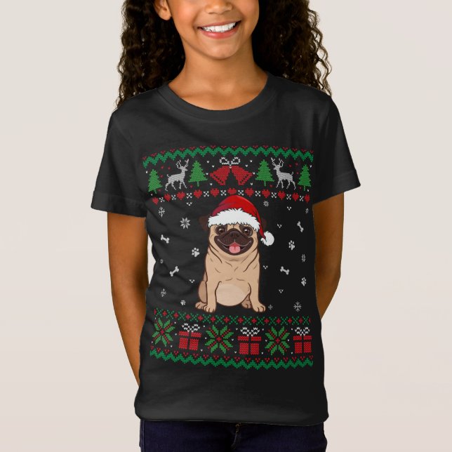 T-Shirt Drôle chien de Carlin Santa Hat Noël laide pull pu (Devant)