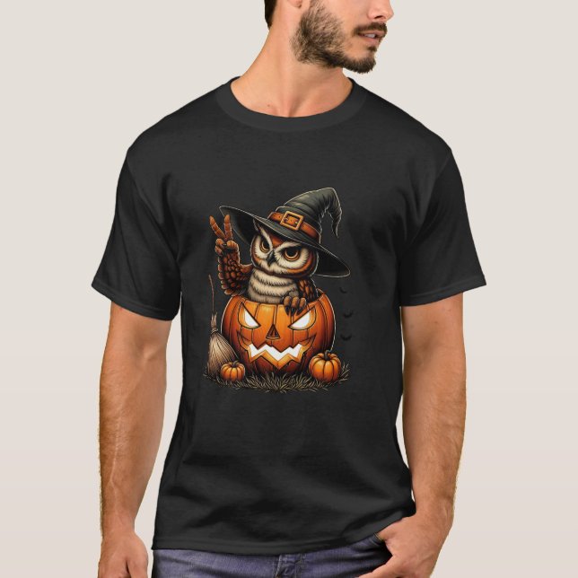 T-shirt Drôle Chouette sorcière Citrouille Halloween Homme (Devant)