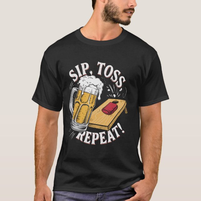 T-shirt Drôle Cornhole Boire Lancer Répéter (Devant)