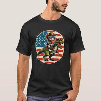 T-shirt Drôle Cowboy Chat Riding Dinosaur USA Drapeau T Re