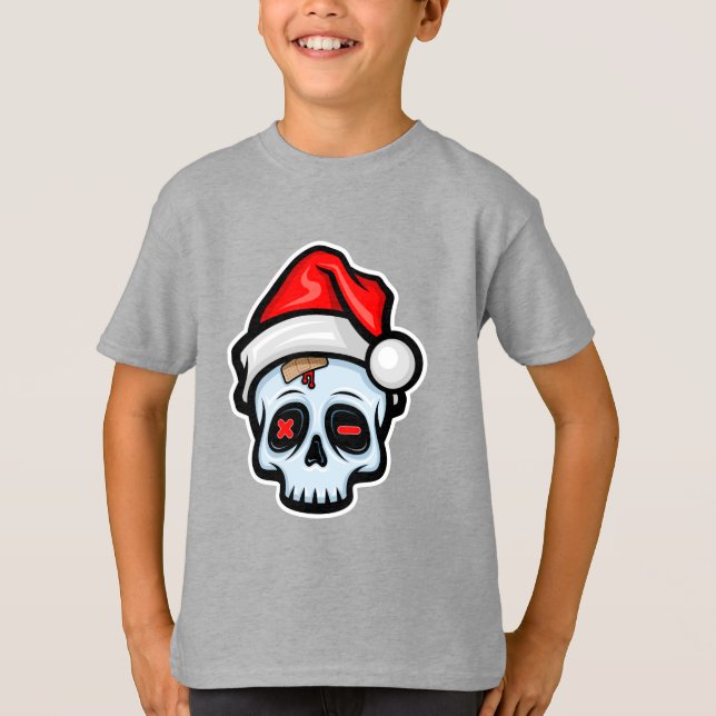 T-shirt Drôle crâne de Noël, style de dessin (Devant)