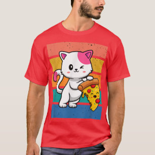 T-shirt Drôle Cute Chats Mange Pizza Kawaii Anime Japonais