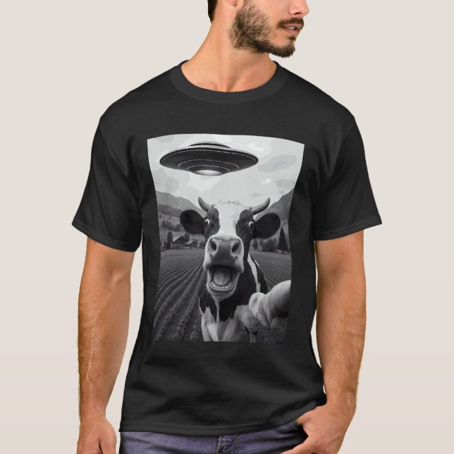 T-shirt Drôle d'alien vache enlèvement UFO selfie (Devant)