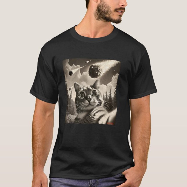 T-shirt Drôle de 2024 YR4 Astéroïde Impact Terre Chat Self (Devant)