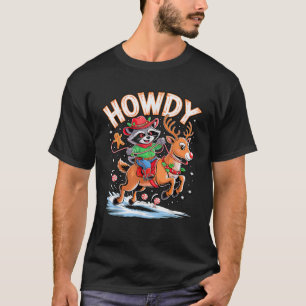 T-shirt Drôle de bonjour Noël Raton laveur Cowboy à cheval