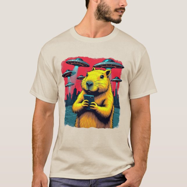 T-shirt drôle de Capybara avec des OVNI - Étrange  (Devant)