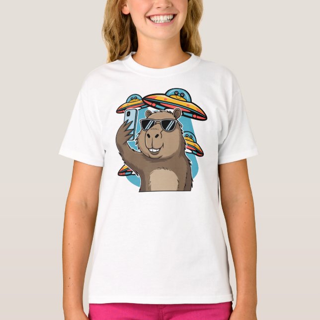 T-shirt drôle de capybara en selfie avec un extrat (Devant)