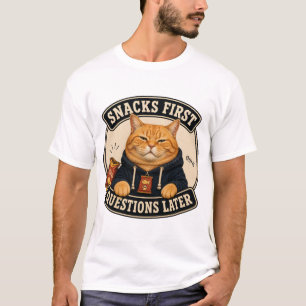 T-shirt drôle de chat orange « Snacks First Questi