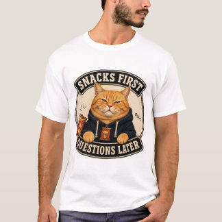 T-shirt drôle de chat orange « Snacks First Questi