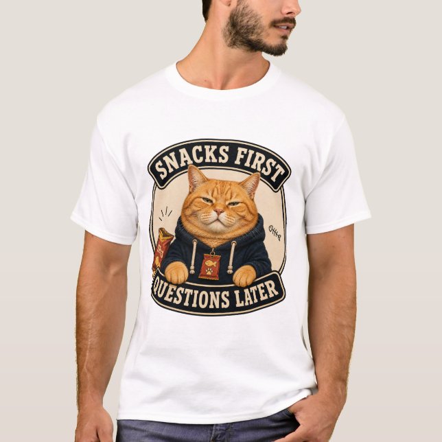 T-shirt drôle de chat orange « Snacks First Questi (Devant)
