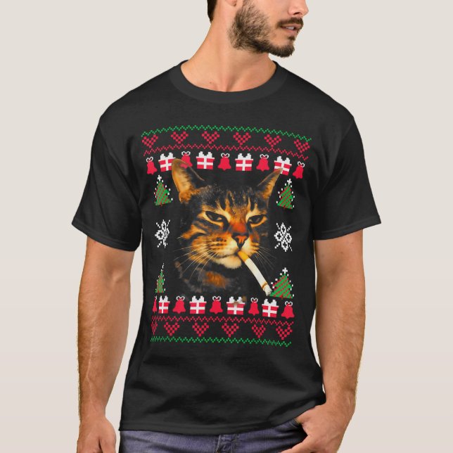 T-shirt Drôle de chat qui fume mème pull de Noël laid pour (Devant)
