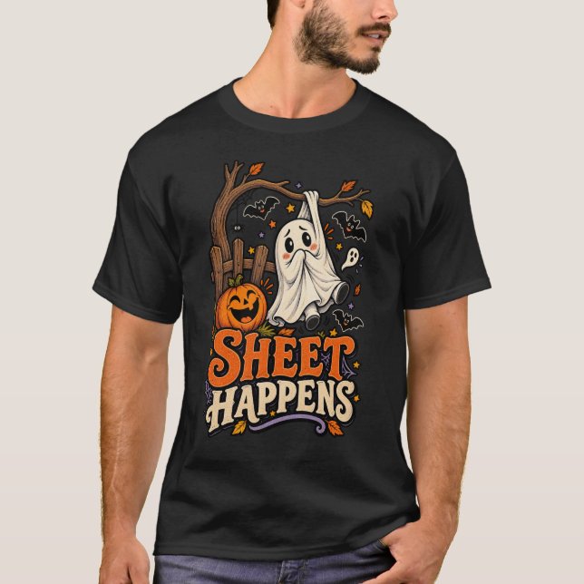 T-shirt drôle de fantôme d'Halloween Sheet Happens (Devant)