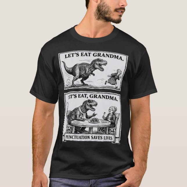 T-shirt drôle de grammaire – “Mangeons, Grand-mère (Devant)