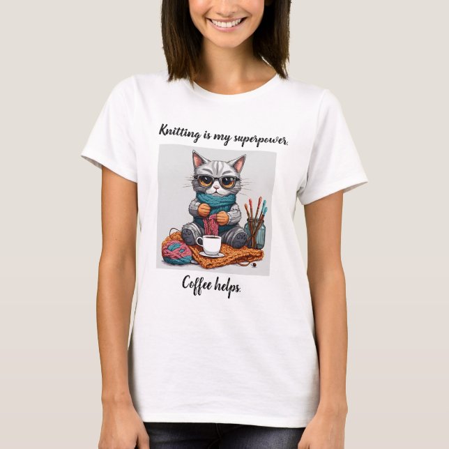 T-shirt drôle de tricot Superpuissance Chat (Devant)